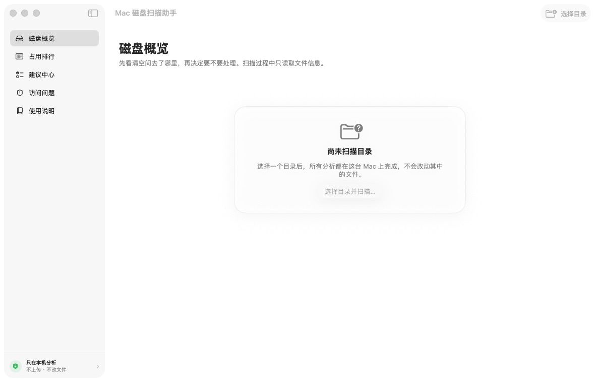 Mac 磁盘扫描助手的磁盘概览界面，左侧显示概览、占用排行、建议中心、访问问题和使用说明